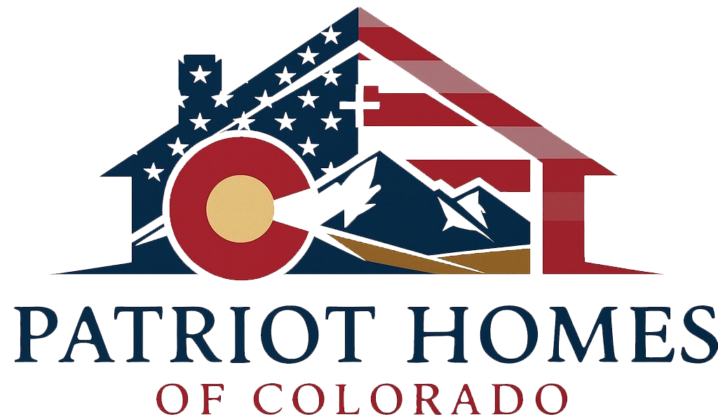 The patriot homes colorado logo is a shield with mountains and a star on it.