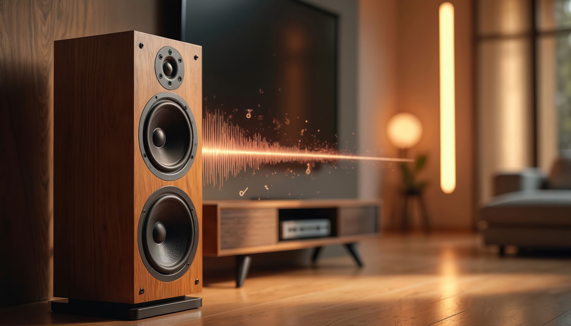Home Theater System with wood tower speaker, flat-screen TV, and media console in a warm-lit room Home Theater System with wood tower speaker, flat-screen TV, and media console in a warm-lit room.