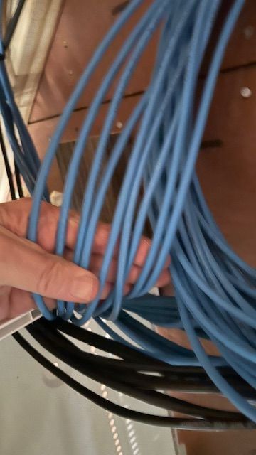 Hand holding a bundle of blue and black network cables near a wall panel