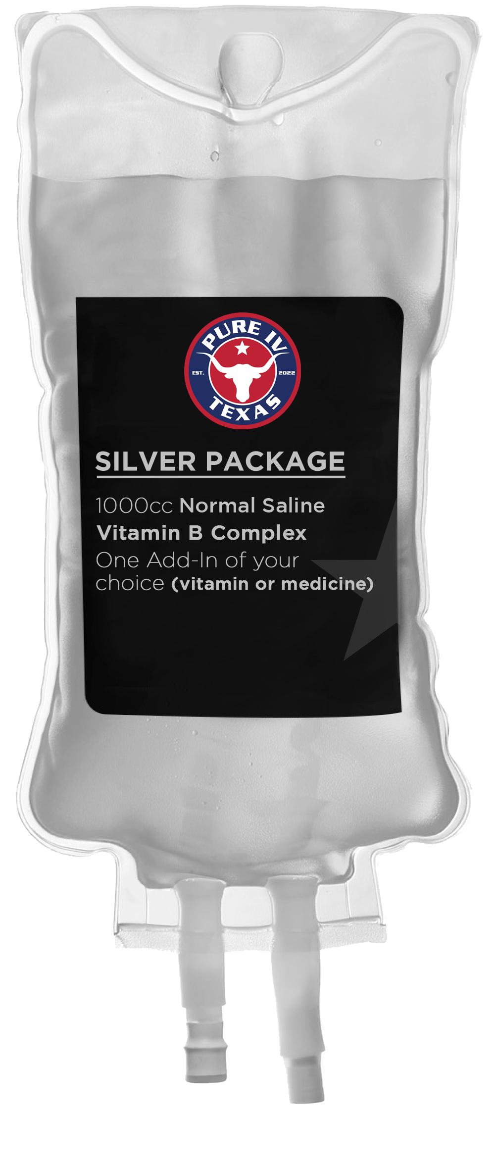 A white bag with a black label that says silver package