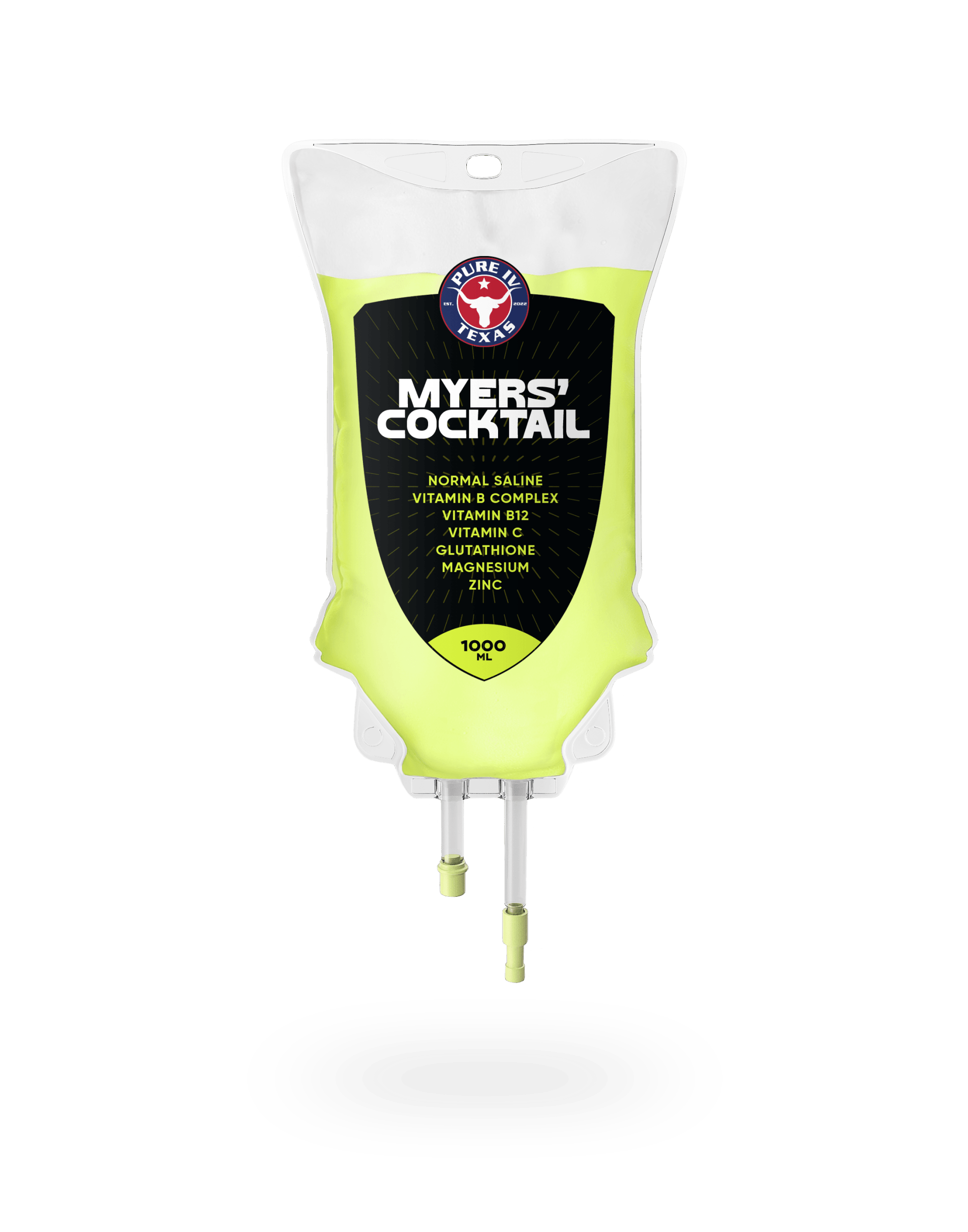 A bag of myers cocktail with two tubes attached to it.