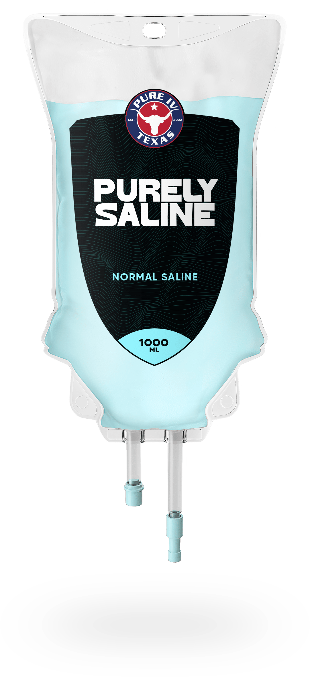 A bag of purely saline is sitting on a white surface.