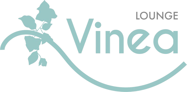 Logo for “Vinea Lounge” in teal with a curved vine and leaf design on a white background