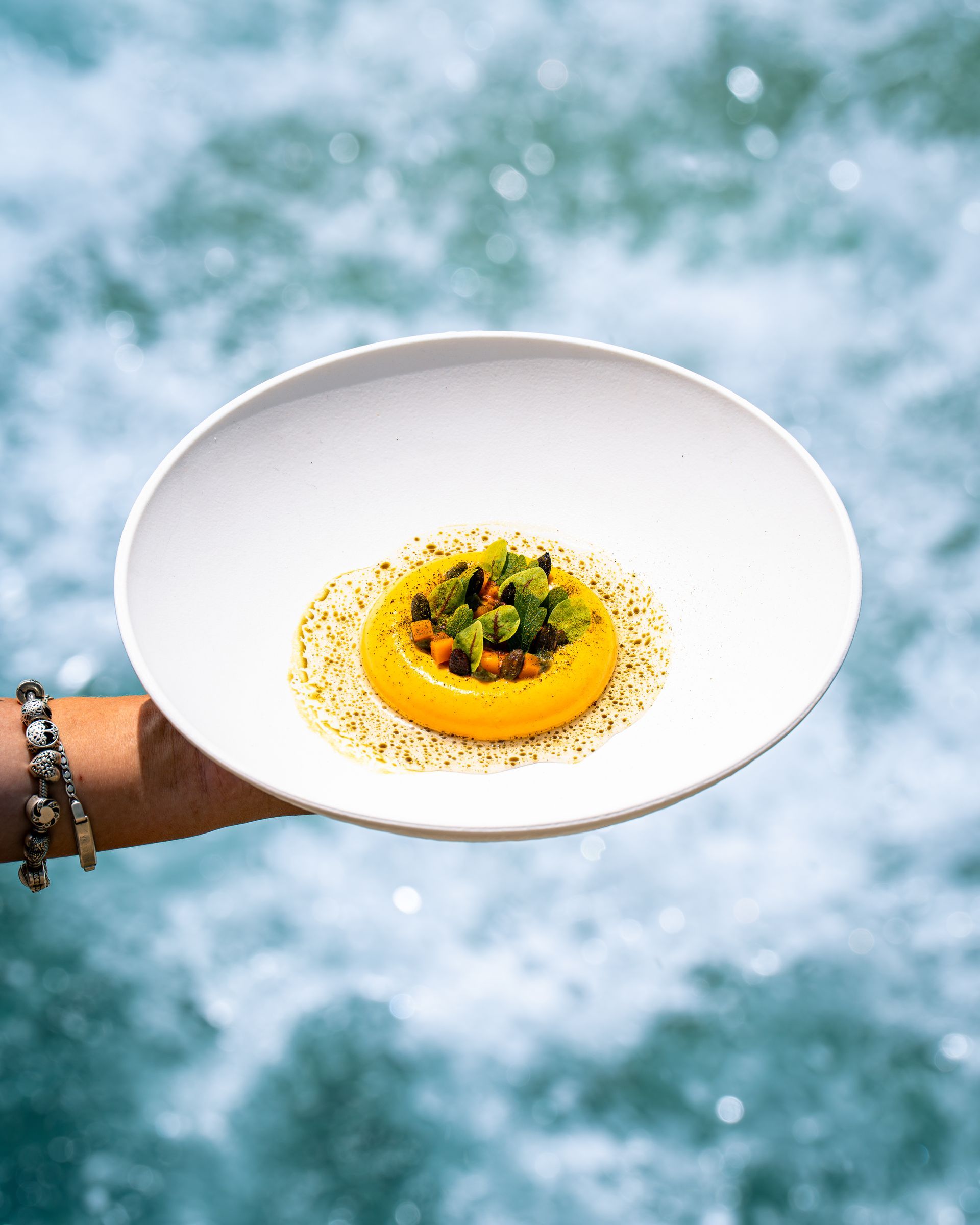 Hand holding white plate with yellow food, green garnish, against a water background.