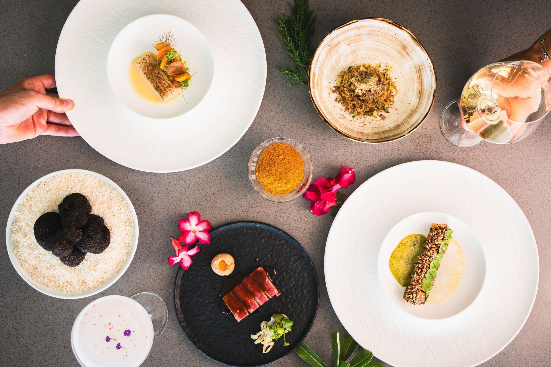 Assorted gourmet dishes on white and black plates, with a hand holding one, and a glass of wine.