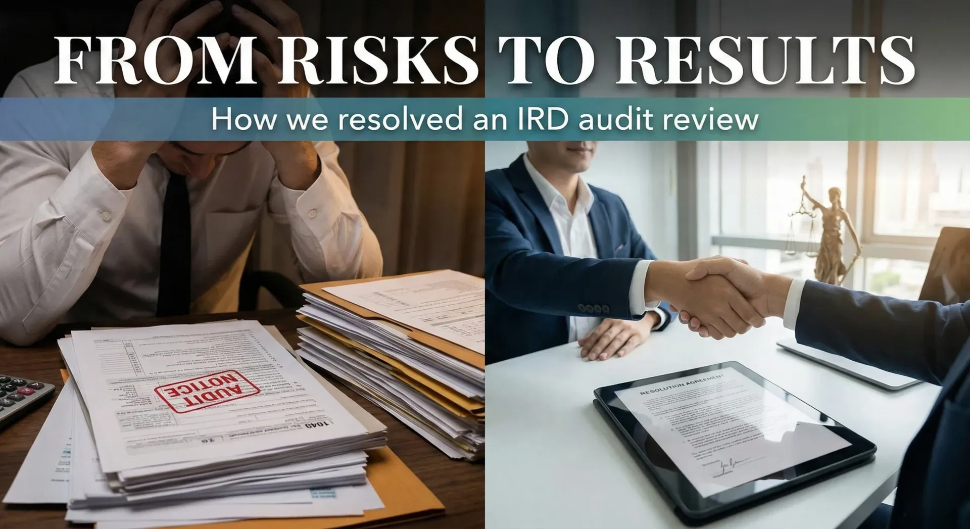 Business professional resolving an IRD audit review with a handshake, showing reduction in tax debt.