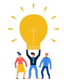A person holding up a big lightbulb with two others standing on each side.