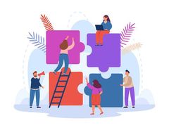 Four people collaborating to solve a large puzzle, standing around and climbing the puzzle pieces to complete the task.