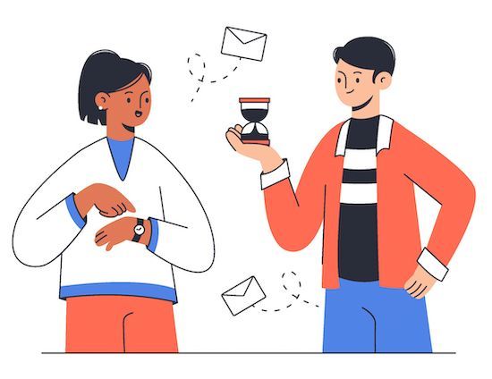 Cartoon image of two employees, one holding an hourglass and the other pointing at their watch.