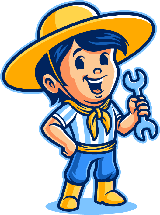 Boy in yellow hat and work clothes holding a wrench, smiling.