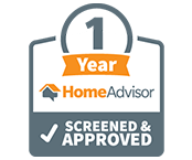 HomeAdvisor Screened & Approved badge: gray and orange, 1 year guarantee.