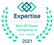Expertise badge: Best AC Repair Companies in Las Vegas, 2021. Turquoise and navy colors, laurel wreath.