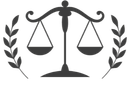 A dark grey icon of a balanced scale of justice flanked by two laurel branches on a white background.