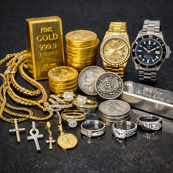 A collection of gold bars, stacks of gold and silver coins, luxury watches, diamond rings, and gold jewelry on a dark table.