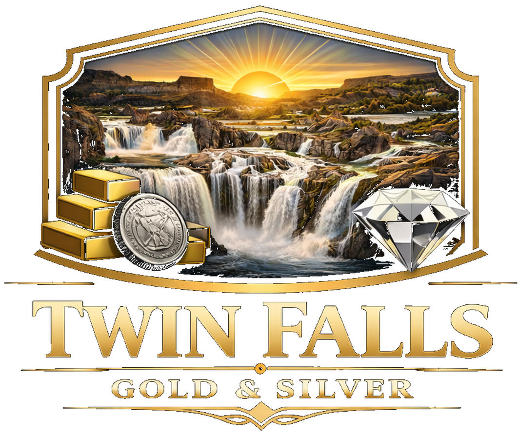 Logo for Twin Falls Gold & Silver featuring a sunset, waterfall, gold bars, a silver coin, and a diamond.