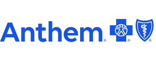 Anthem health insurance logo: blue text and symbols, including a cross and caduceus shield.