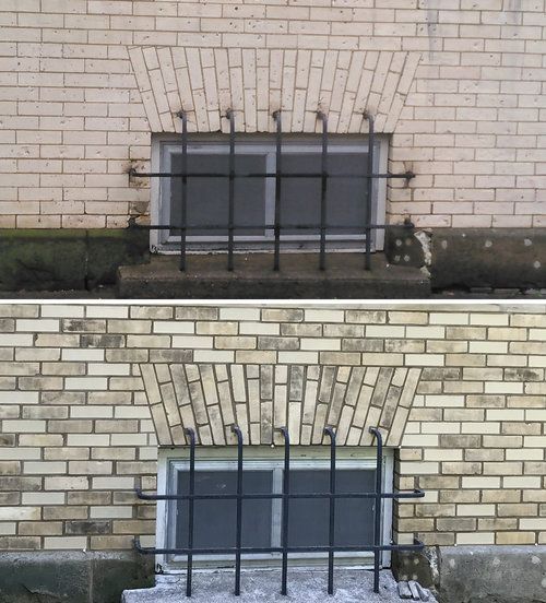 A before and after picture of a window on a brick wall