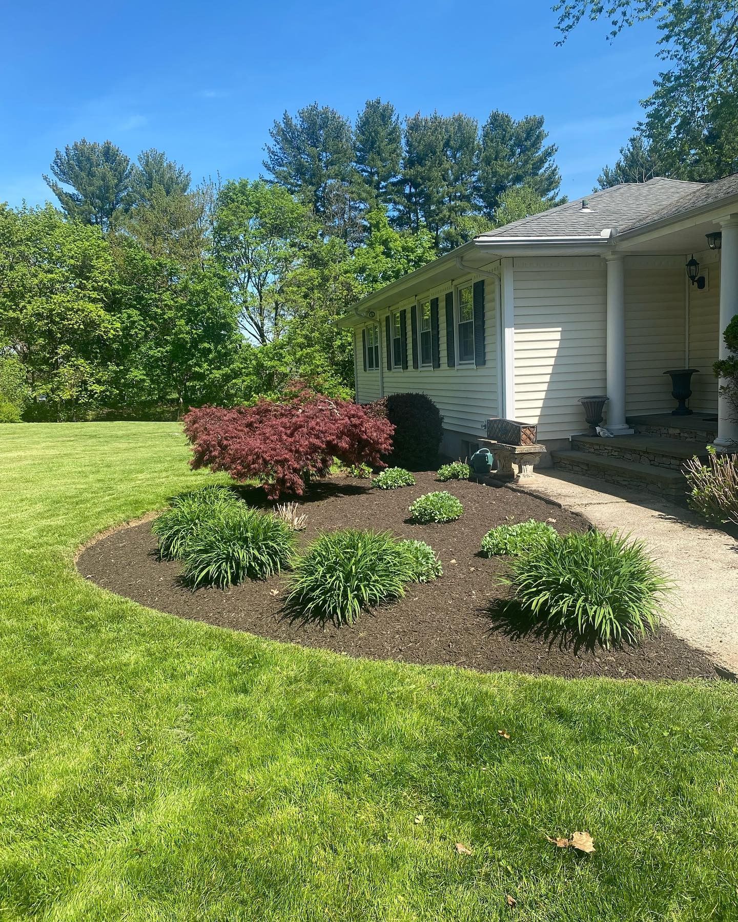 A house with a lush green lawn and a walkway leading to it.