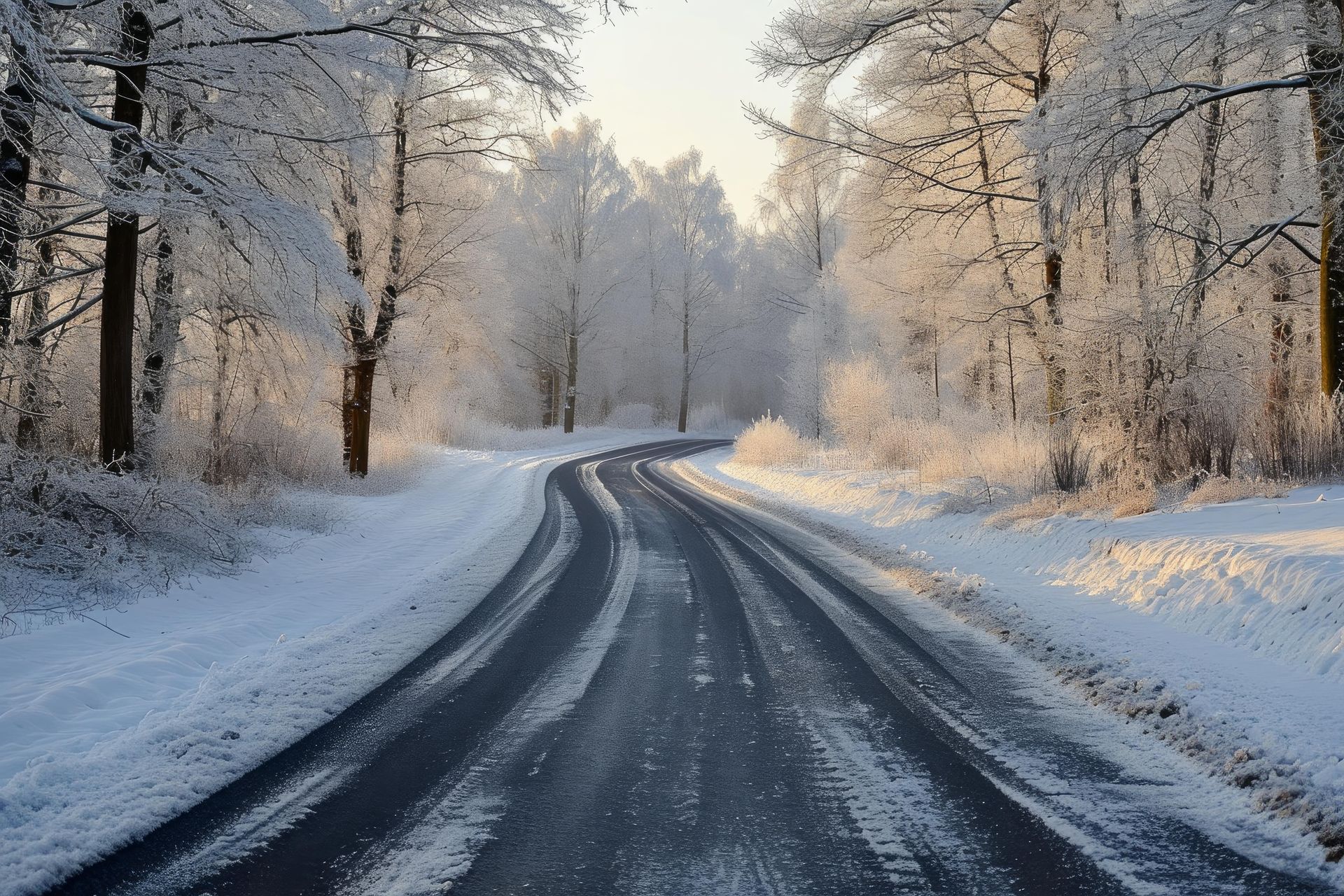 Snow-covered winding road through frosty trees in a winter forest at sunrise