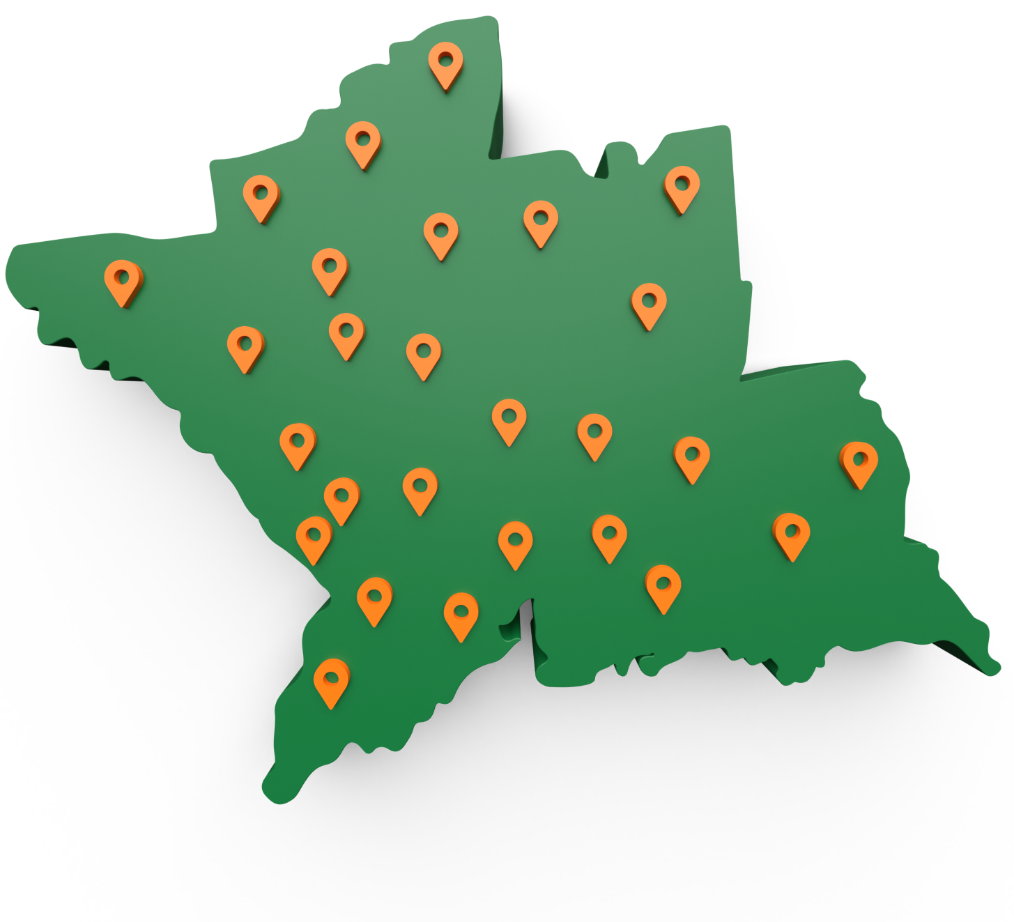 Green regional map marked with multiple orange location pins