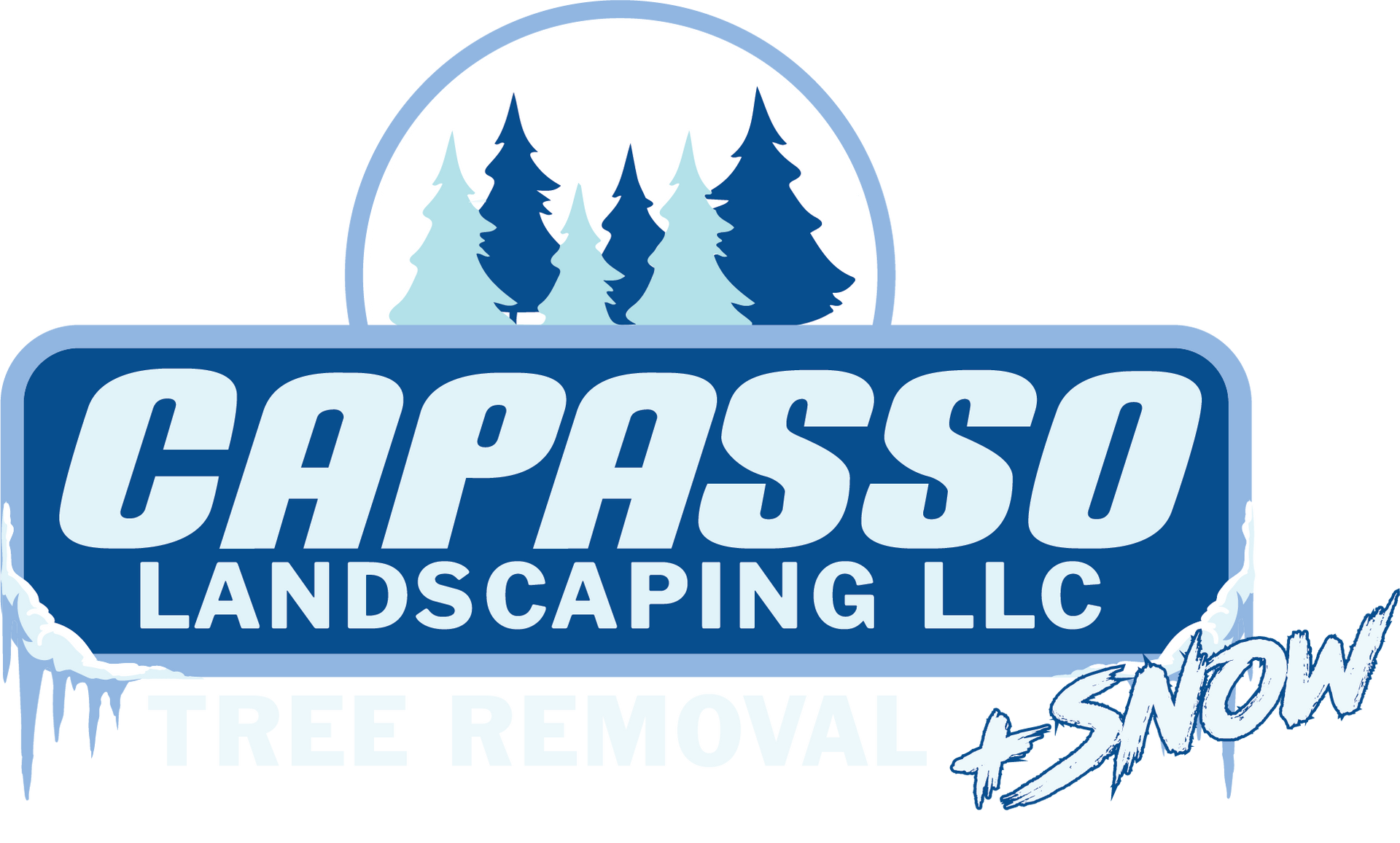 Capasso Landscaping LLC logo with blue text, pine trees, and snow removal graphic