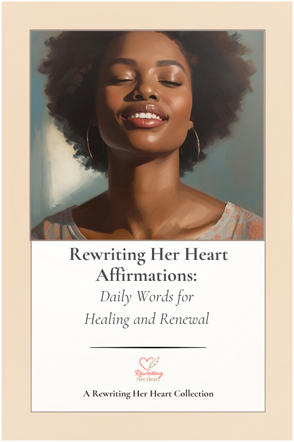 Book cover of a smiling woman with “Rewriting Her Heart Affirmations: Daily Words for Healing and Renewal” text