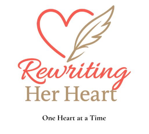 Logo with coral heart and feather, reading &ldquo;Rewriting Her Heart&rdquo; and &ldquo;One Heart at a Time&rdquo;