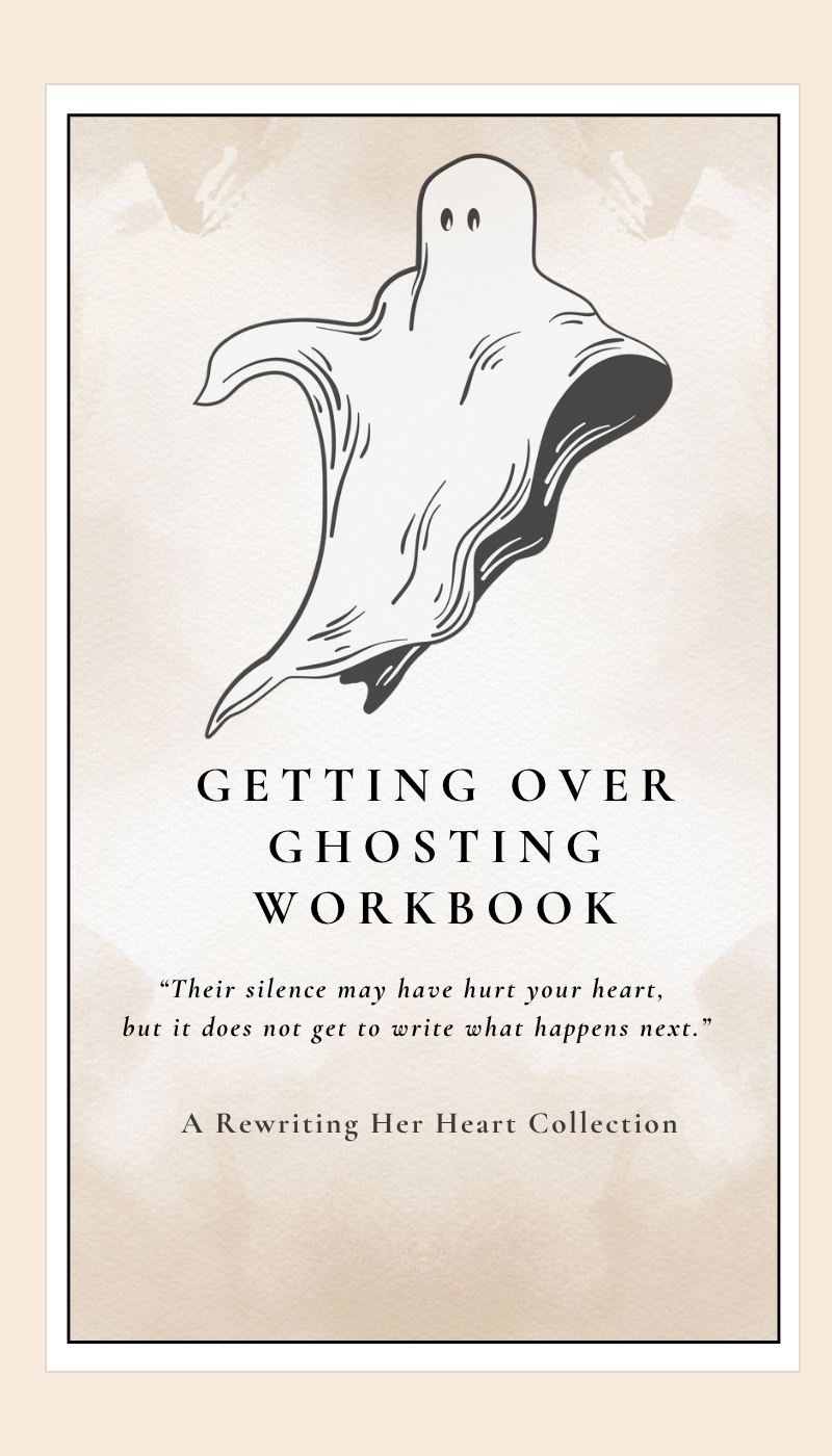 Ghost illustration over book cover titled “Getting Over Ghosting Workbook” in beige and black text
