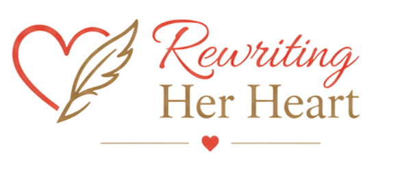 Logo reading “Rewriting Her Heart” with a heart and feather graphic in red and gold