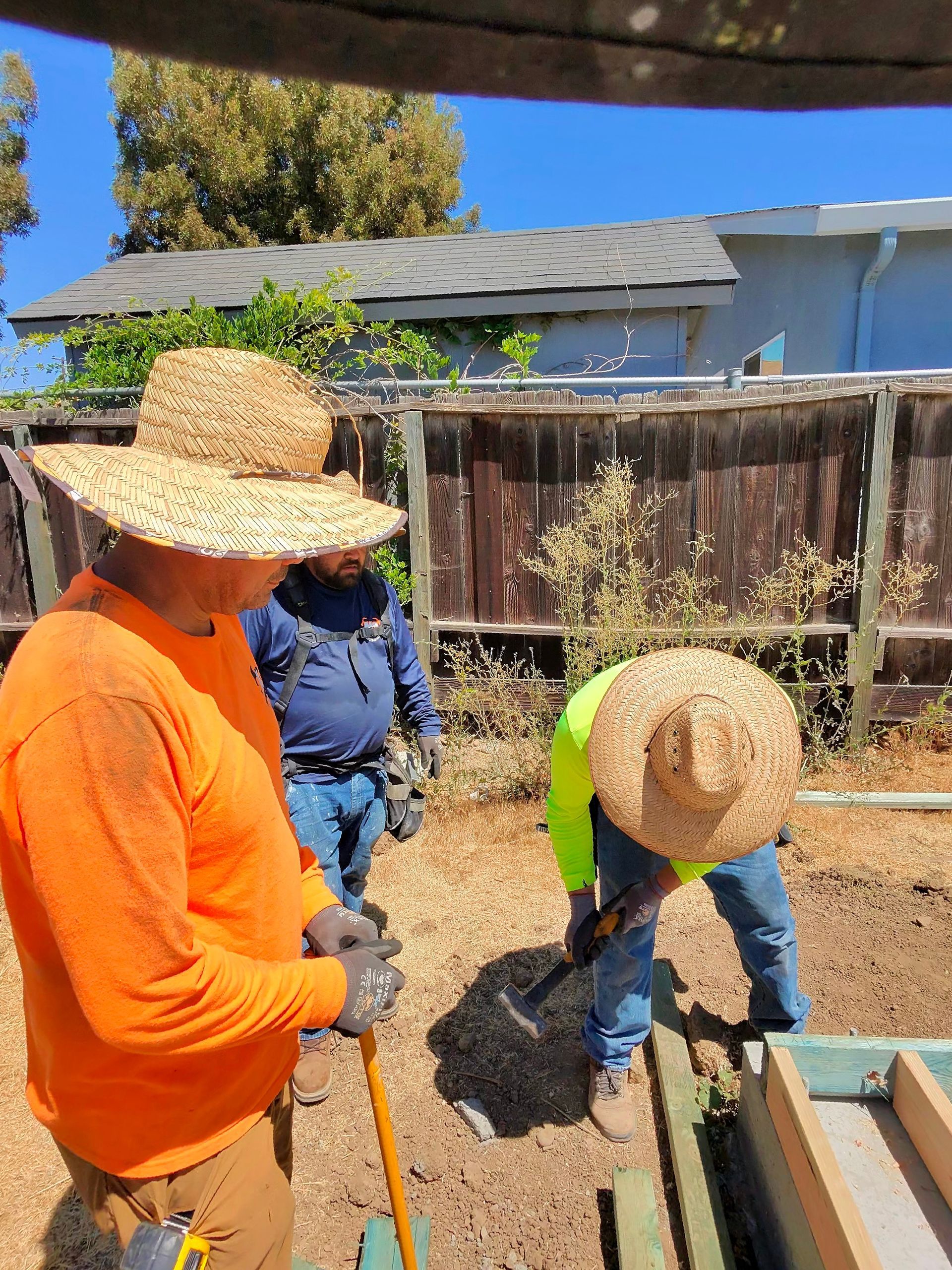 Three people gardening in a backyard, one digging soil near a raised bed on a sunny day.