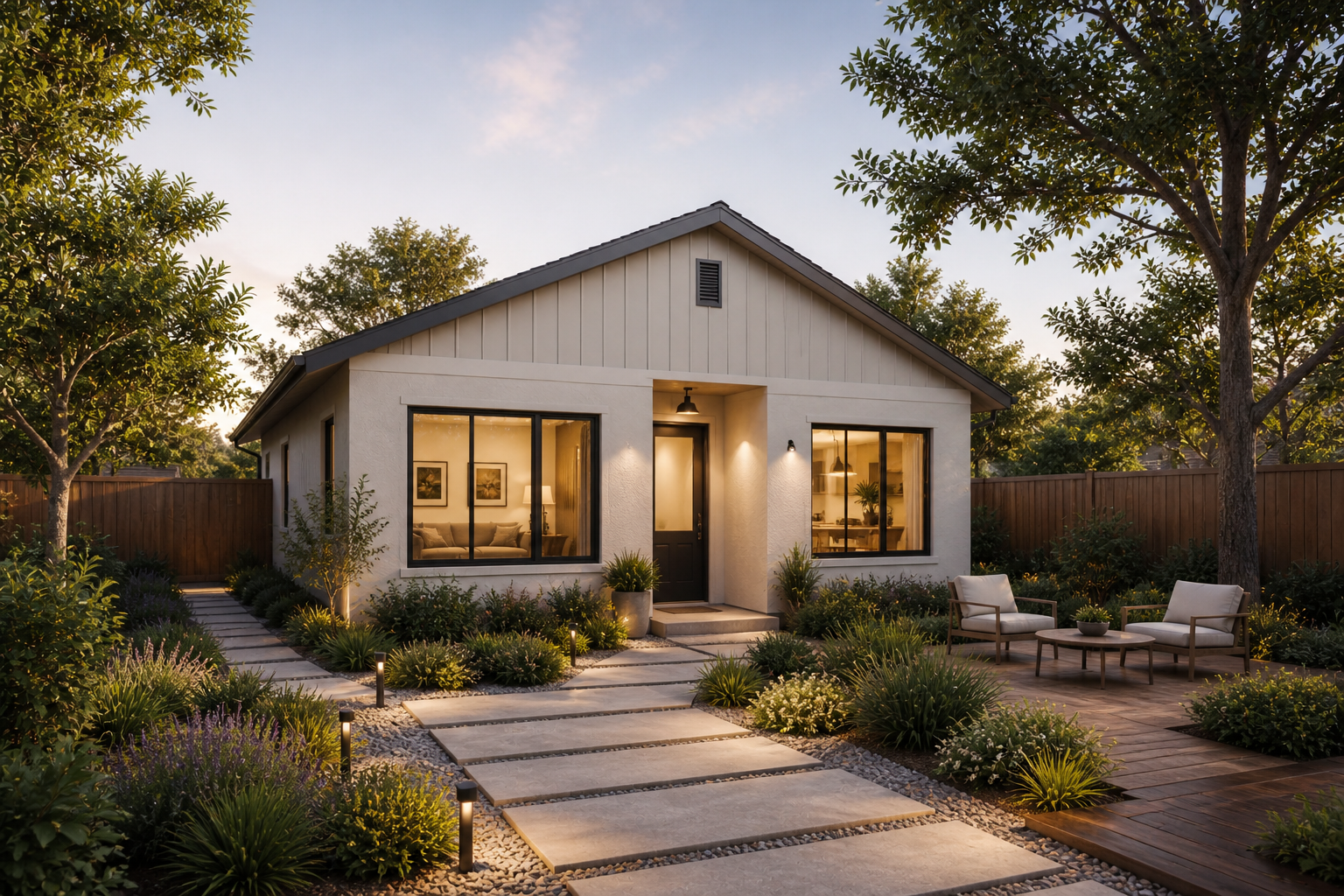 Modern single-story house at dusk with lit windows, landscaped front yard, and stone walkway