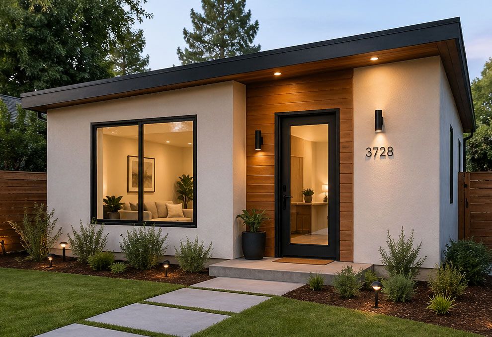 Modern single-story house with lit front entry, large window, and stone walkway at dusk
