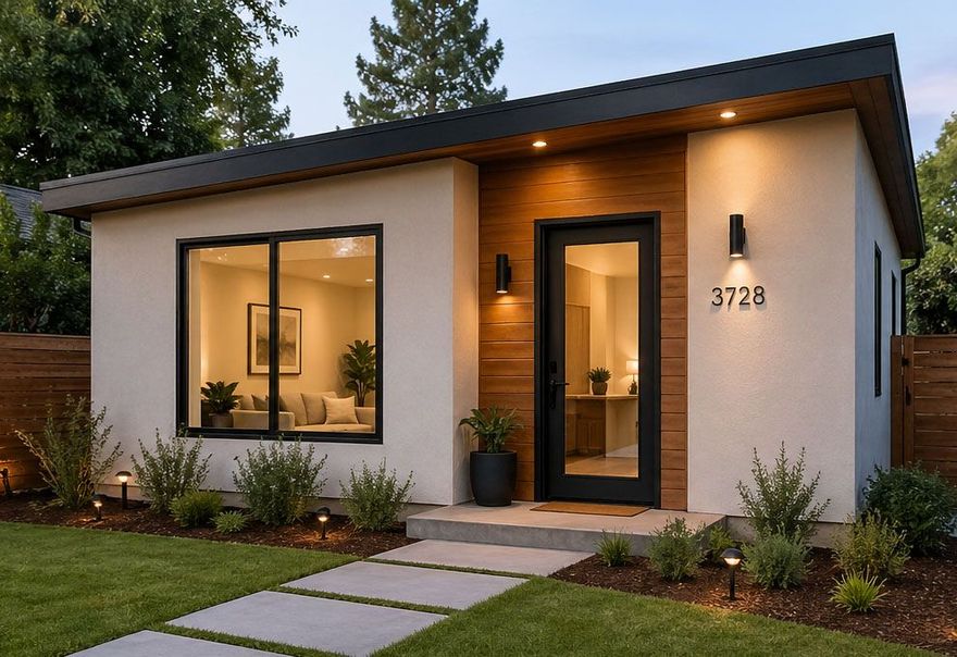 Modern single-story house exterior at dusk with lit windows, front door, and stepping stone walkway.