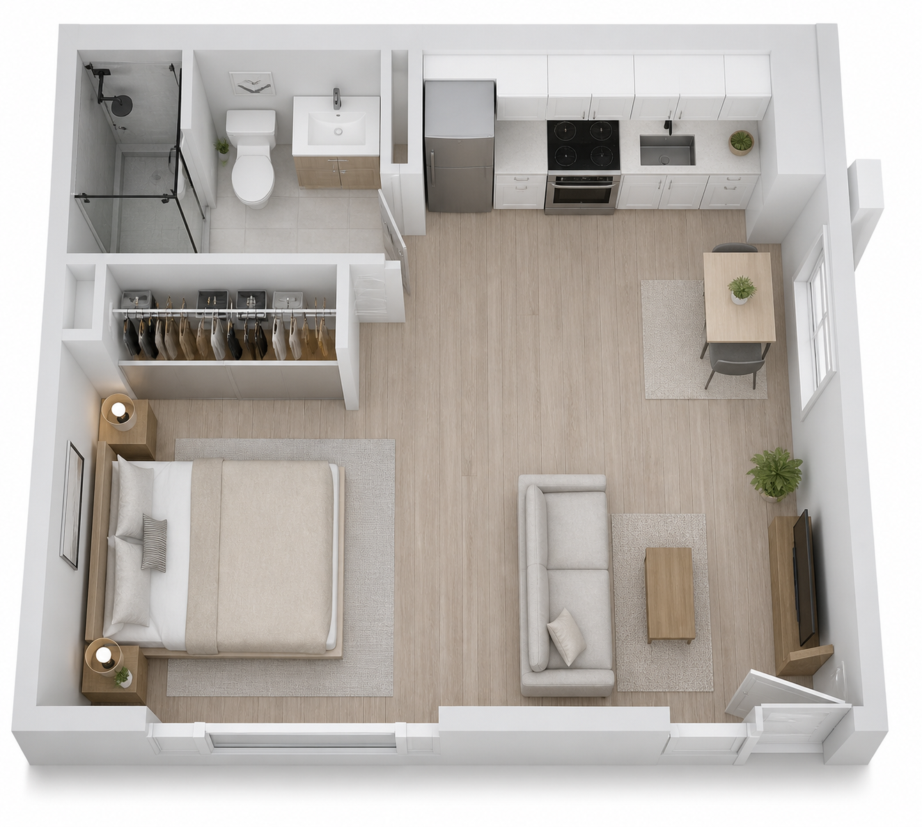 Compact studio apartment floor plan with bed, kitchen, bathroom, sofa, and dining area in a bright neutral layout