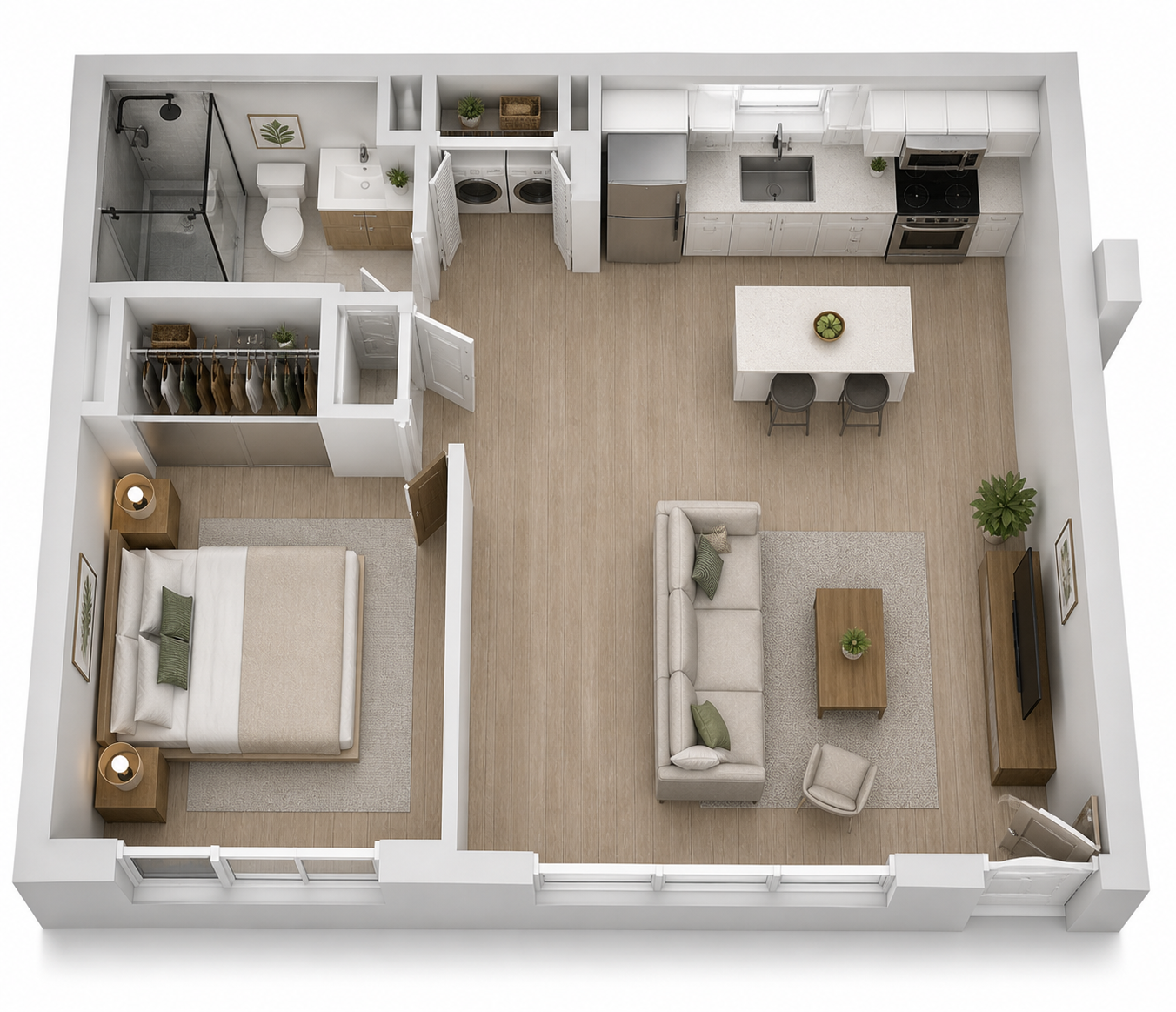 Top-down view of a small furnished apartment with bedroom, bathroom, kitchen, and living area.