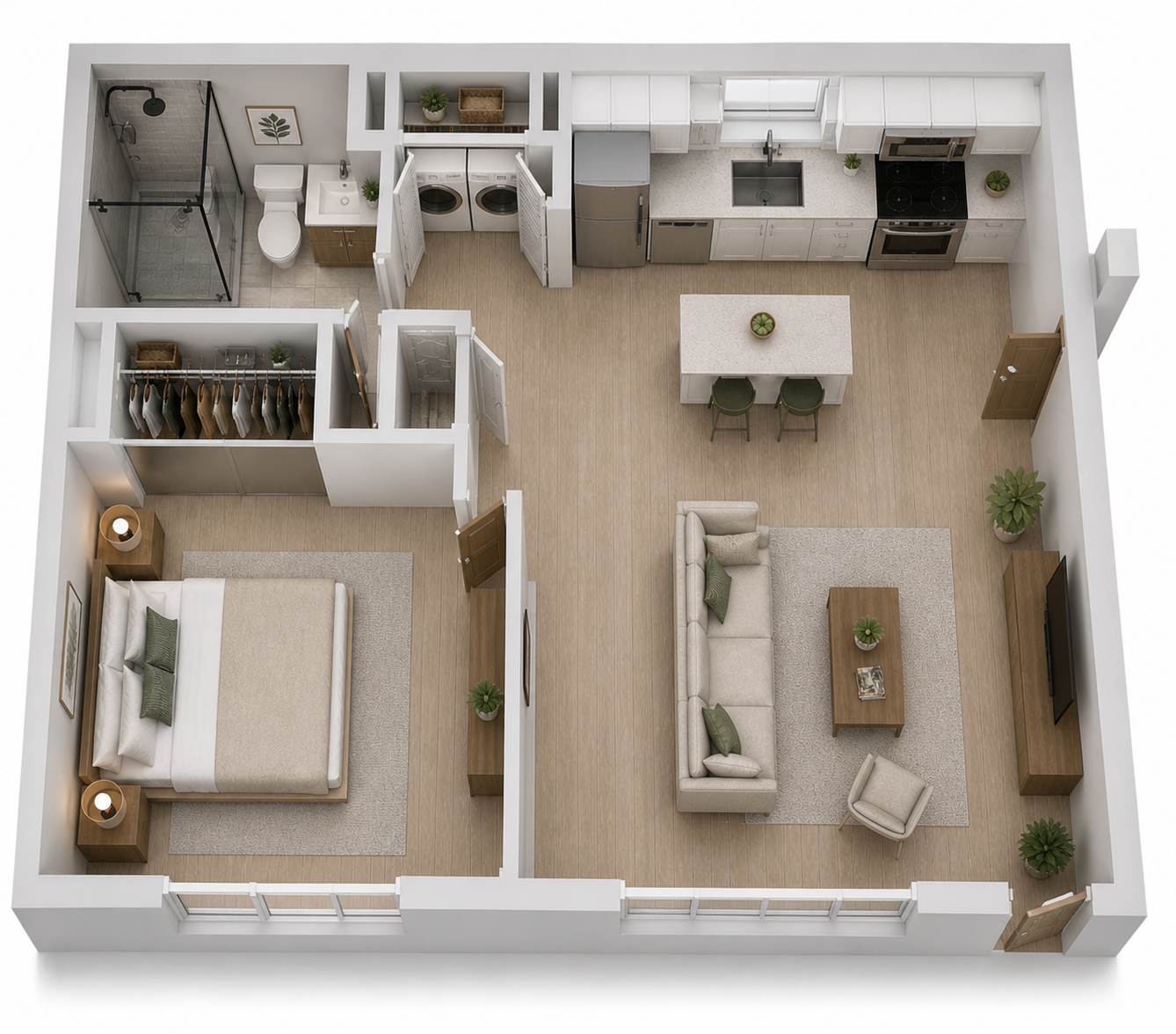 3D floor plan of a modern one-bedroom apartment with bedroom, bathroom, kitchen, and living area