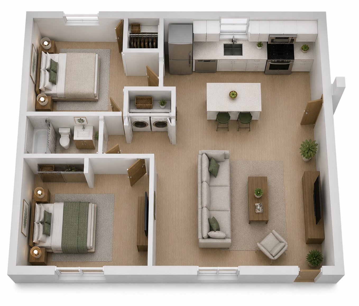 3D floor plan of a small apartment with bedroom, bath, kitchen, and living room