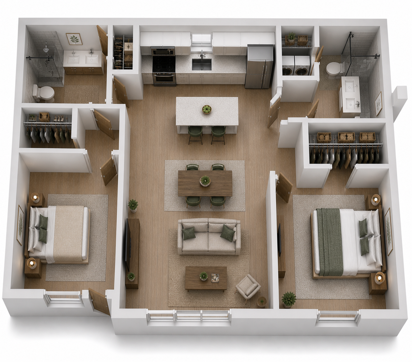 3D floor plan of a two-bedroom apartment with living room, kitchen, bath, and closets