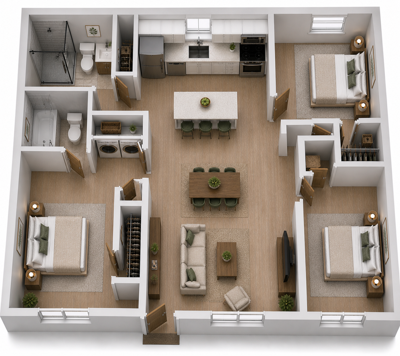 Top-down view of a small apartment floor plan with living room, kitchen, bathroom, and two bedrooms.