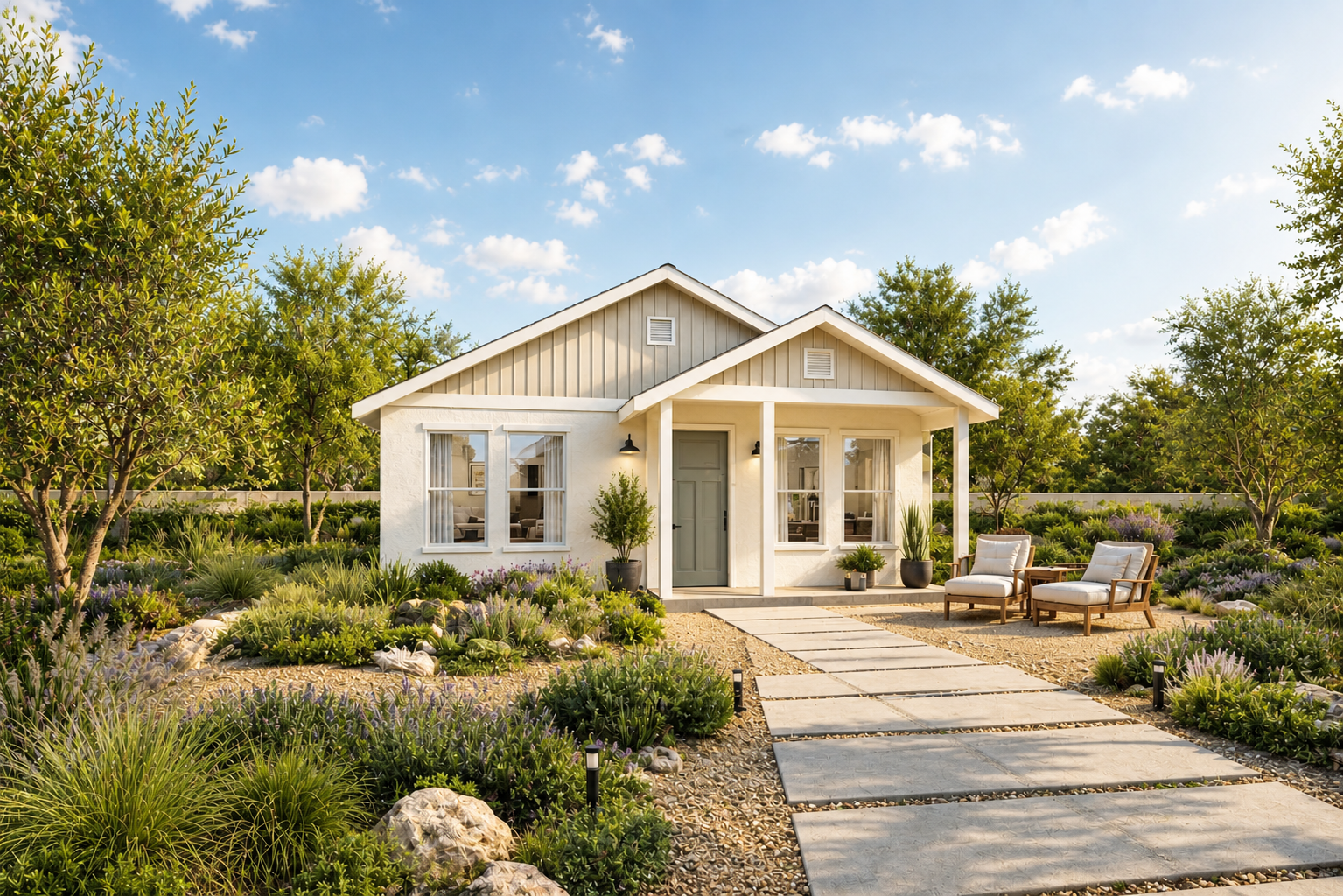 Sunny cottage with white trim, front porch, and landscaped garden path under a blue sky
