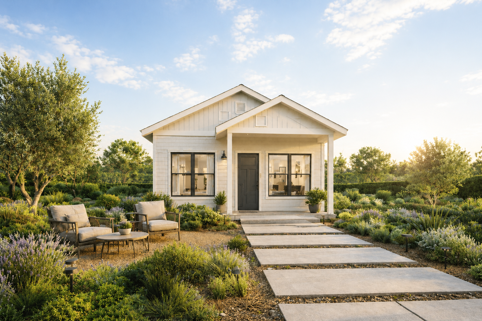 Modern white house with front porch, stone walkway, and landscaped garden at sunset