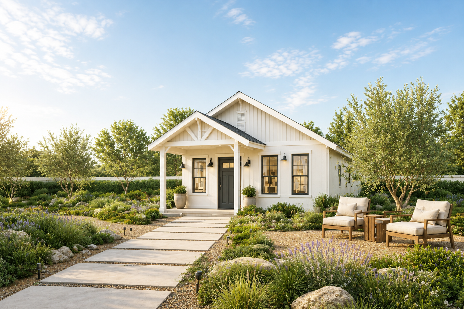 Small white cottage with a stone path, surrounded by green gardens and outdoor seating under a sunny sky.