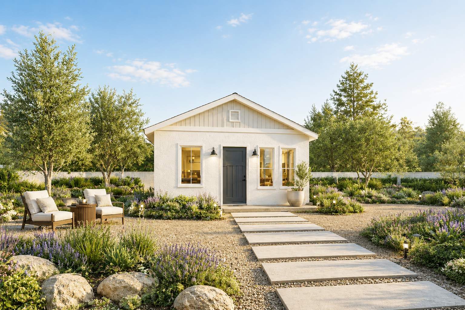 Small white cottage with a gray door, stone path, and landscaped garden under a sunny blue sky