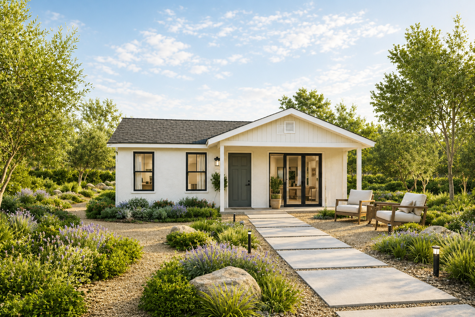 Small cream house with a front garden and stone walkway under a sunny sky