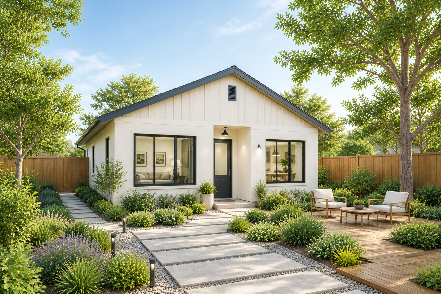 Small white house with dark trim, a stone path, and a landscaped front yard with trees and patio seating