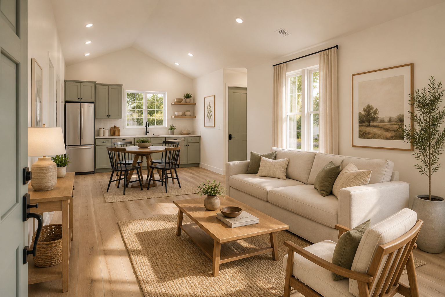 Bright living room with beige sofa, wooden coffee table, dining area, and kitchen in the background