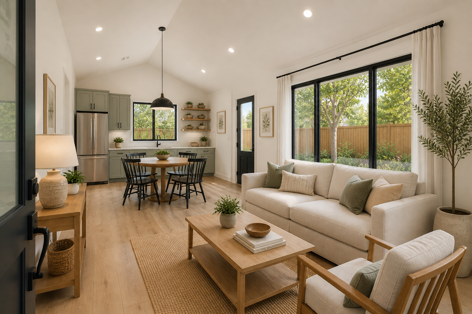 Bright open living room with beige sofa, wooden chairs, dining table, and large windows overlooking greenery