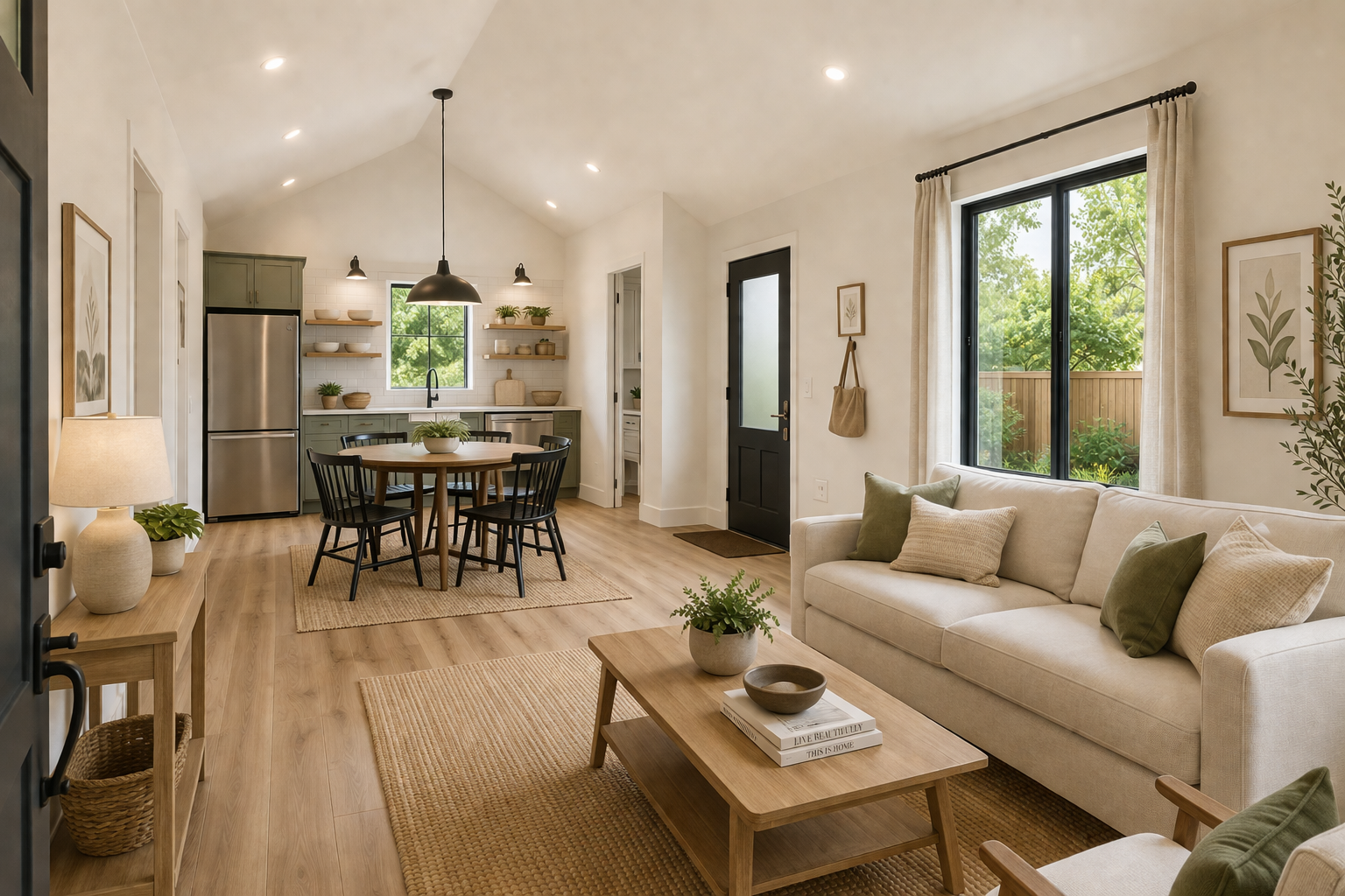 Bright open-concept living room and kitchen with beige sofa, wooden table, and large windows.