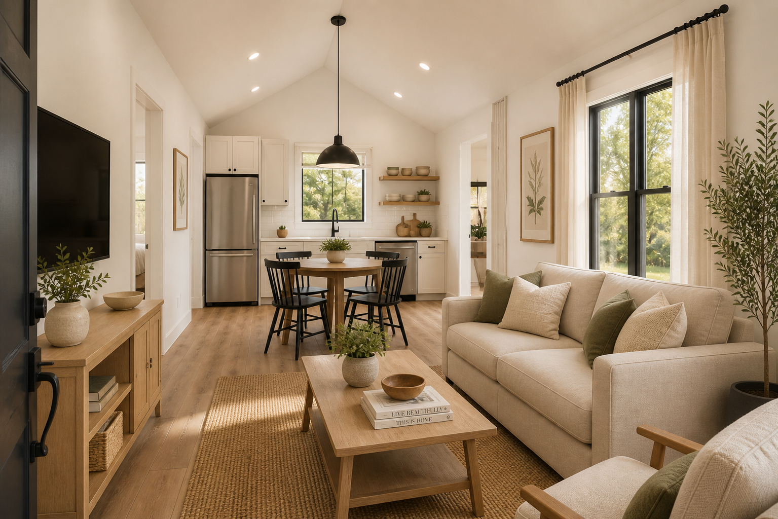 Cozy beige living room and kitchen with sofa, coffee table, dining set, and large windows.