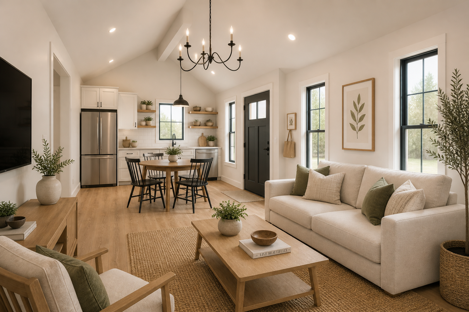 Bright open living-dining room with beige sofa, wood table, chandelier, and kitchen in the background